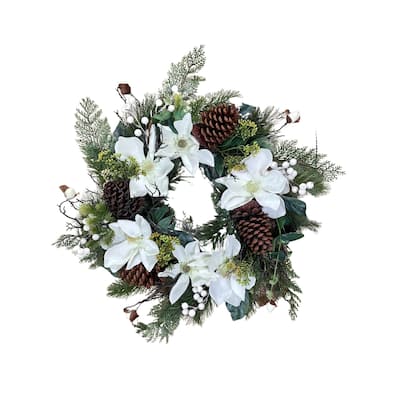 Artificial Magnolia Evergreen Wreath Creamy White 22 Inches - Green, White - 24"