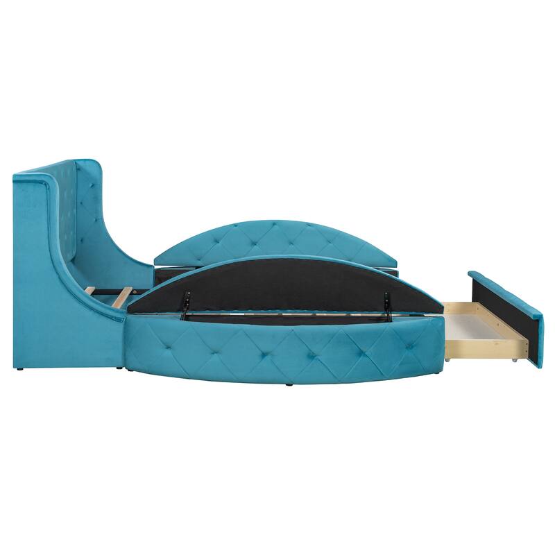 Queen Size Velvet Platform Bed with Wingback Headboard, Storage Drawer, and Side Stools