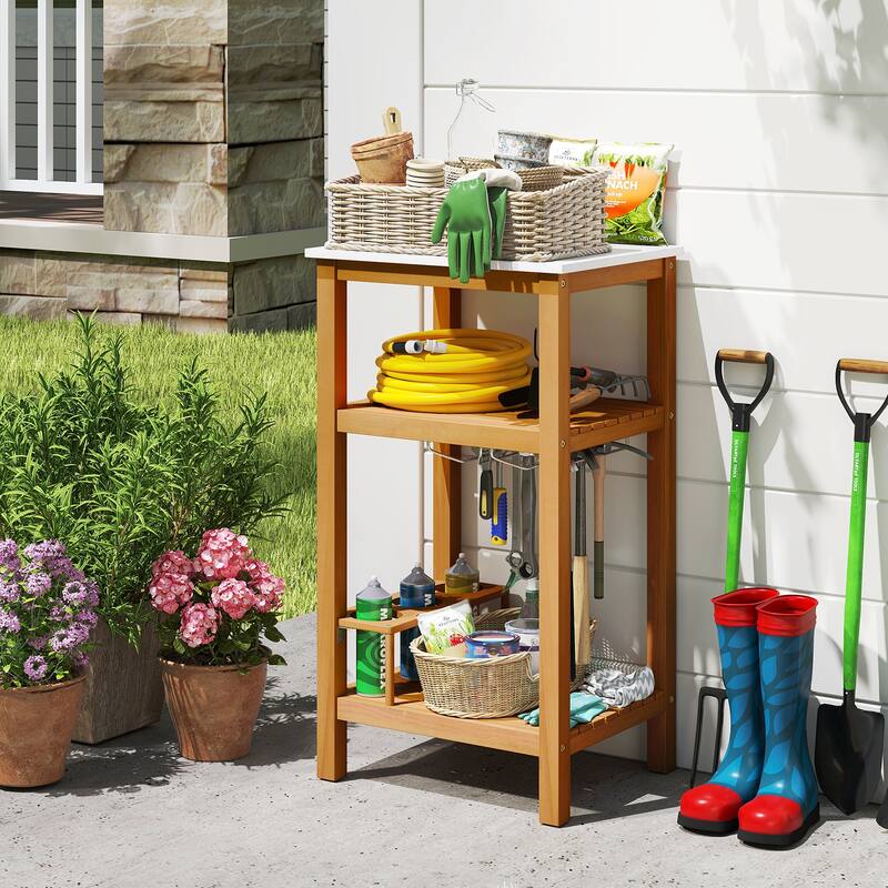 Gymax 3-Tier Patio Wood Storage Cabinet w/ Marble-Like Countertop 2