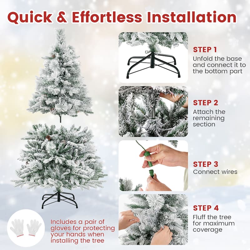 Gymax 4.5/6/7 FT Pre-Lit Artificial Christmas Tree Snow-Flocked Hinged