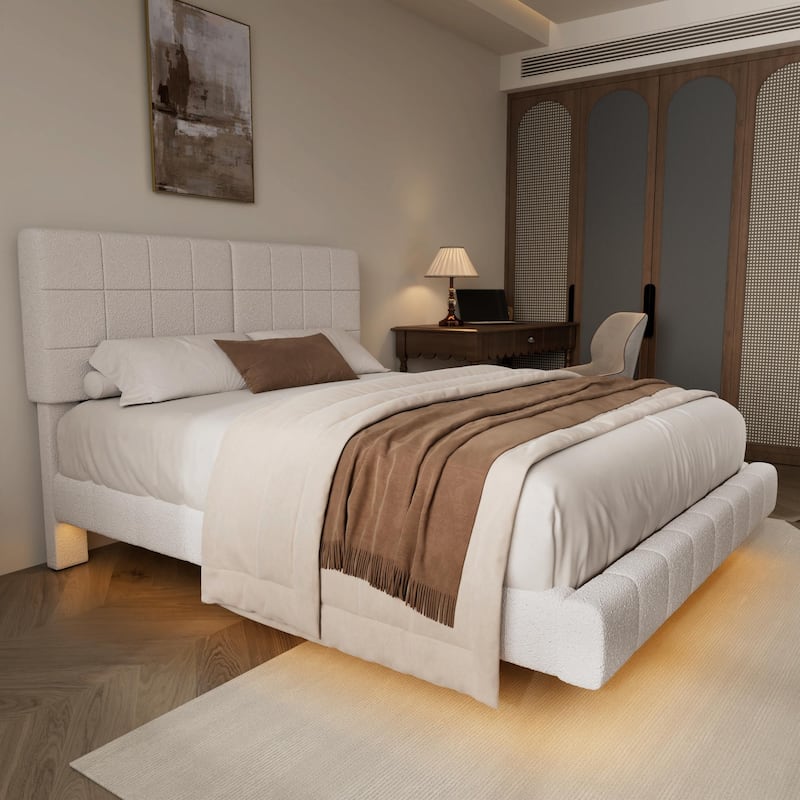 White Bouclé Floating Bed with Ambient Light