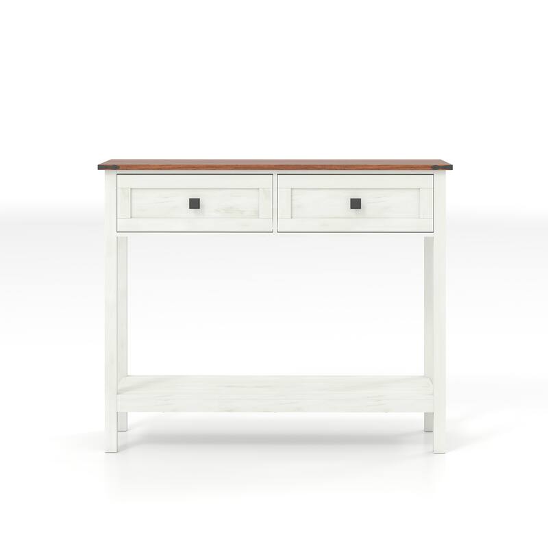 Farmhouse Style Console Table with 2 Drawer and Bottom Storage Shelf