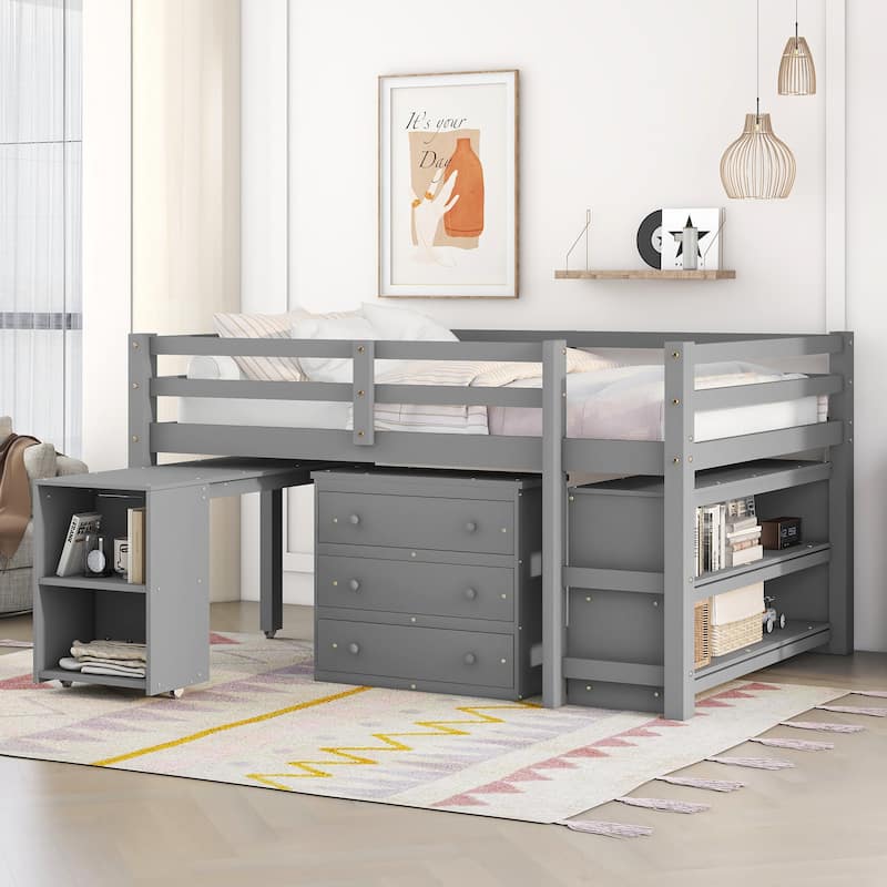 Low Loft Bed with Cabinet Shelves and Rolling Portable Desk - Grey - Full