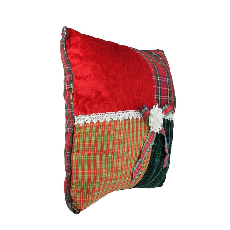 15.5" Red and Green Plaid Square Christmas Throw Pillow