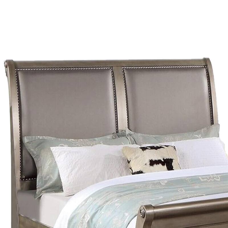 Wooden Bed with Upholstered Headboard in Antique Silver