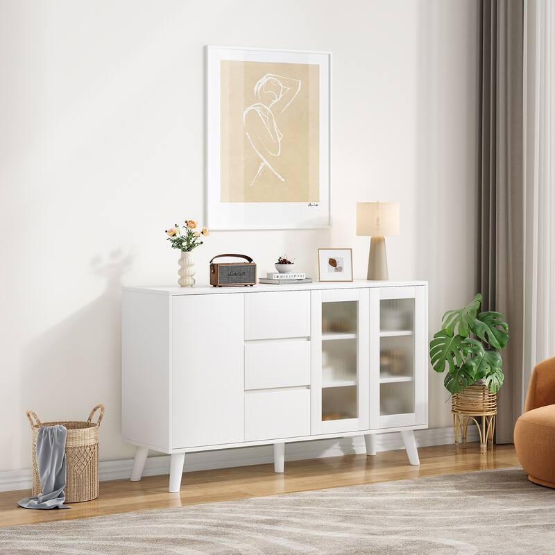 Farmhouse Buffet Cabinet, 55.5" Coffee Bar with 3 Drawers and Pop-Up Doors, Large Rustic Sideboard for Dining Room - White