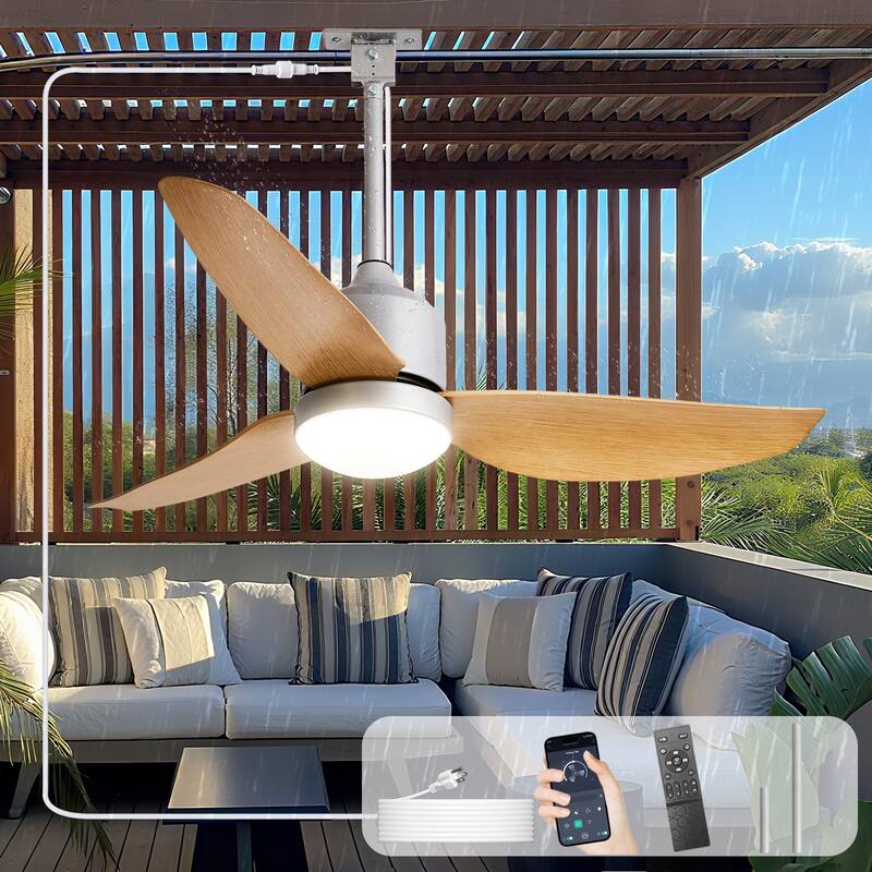 Outdoor Ceiling Fan with Light: 42-52 Inch Hanging - Plug in Waterproof Fans for Patio - Dimmable Remote App Control Black - 42in - Wood
