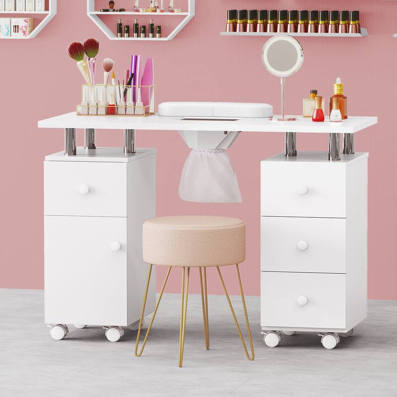 Costway Rolling Manicure Table Nail Desk with with 8 Lockable Wheels & - See Details - White