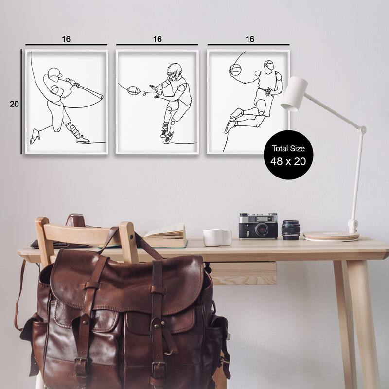 Stupell Simple Line Doodle People Playing Sports Baseball Football Basketball Framed 3 Piece Wall Art - Black