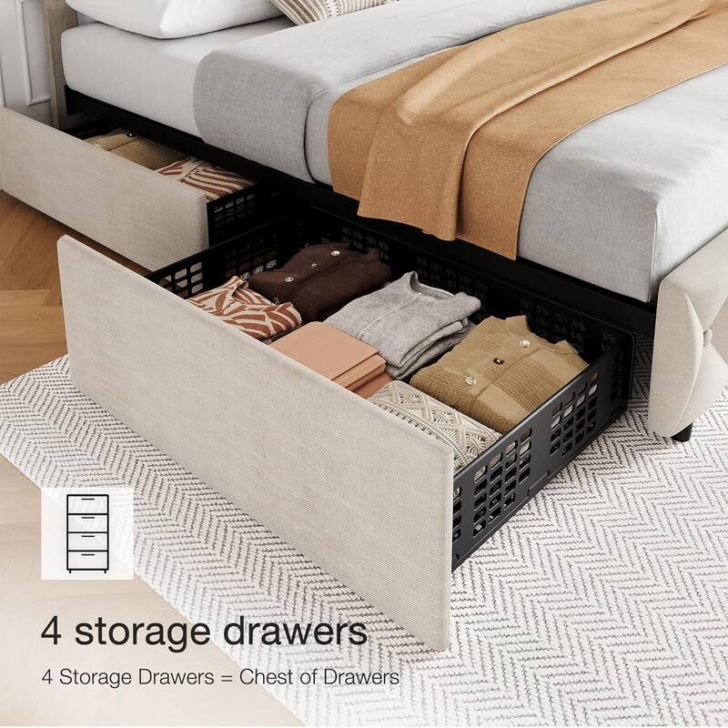 Garvee Bed Frame with 4 Storage Drawers and Headboard, Linen Upholstered Platform Bed Frame