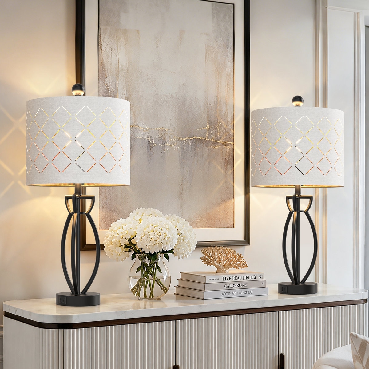 Maxax 25" Modern Glam Table Lamp Set With Night Light USB+Type-C Ports (Set of 2)