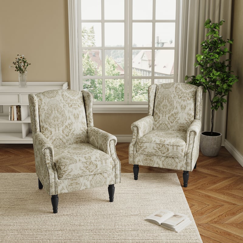 2 Set Transitional Patterned Wingback Accent Chairs with NailHead