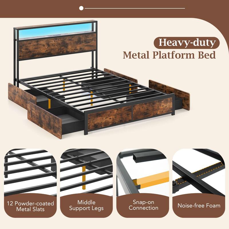 Gymax Full Size LED Bed Frame w/2-Tier Storage Headboard & 4 Drawers