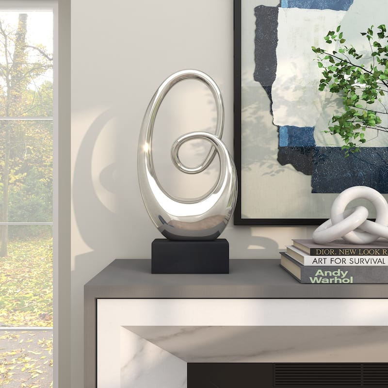 Sleek Ceramic Swirl Abstract Sculpture with Black Wooden Base - Silver or White
