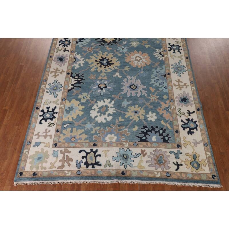 Floral Blue Oushak Oriental Area Rug Handmade Wool Carpet - 9'0"x 11'10"