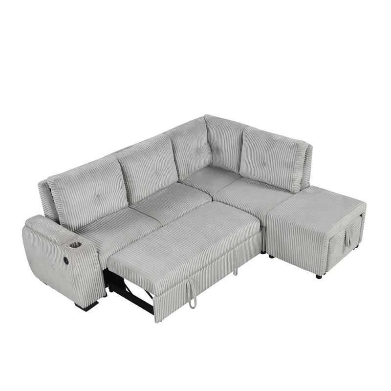 94" L-shaped Sectional Sofa Bed with Ottoman, Storage, Cup Holder & USB Ports (Light Grey Corduroy)
