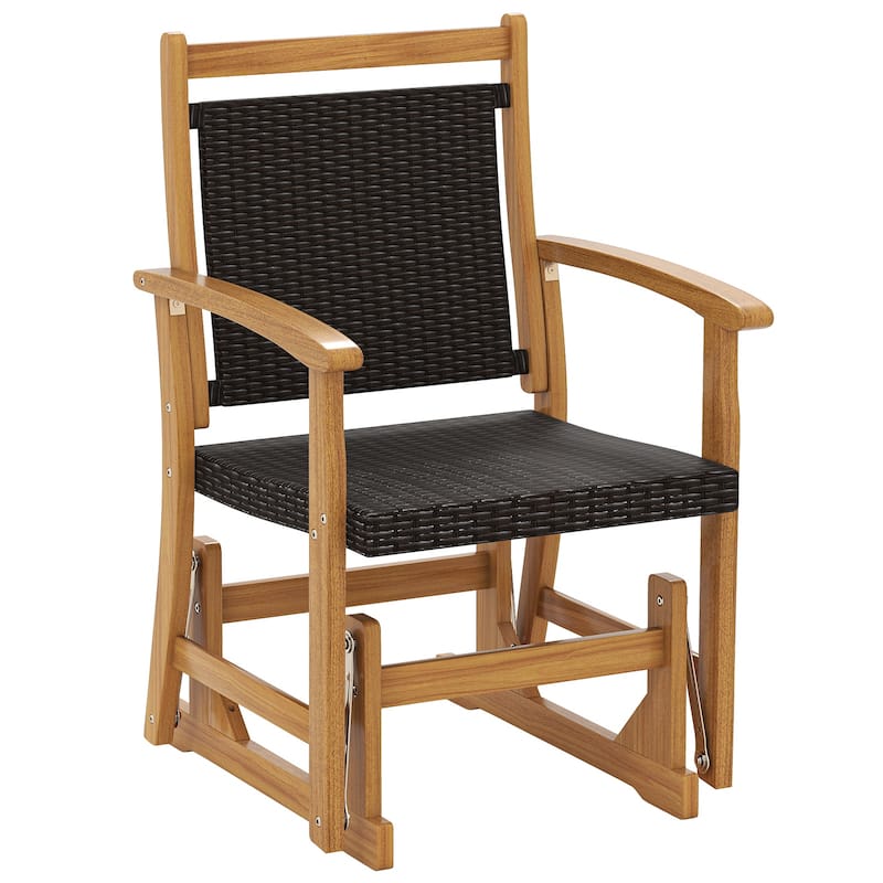 PE Rattan Glider Chair for Outdoor Patio Acacia Wood Rocker with Armrests and Contoured Seat - 27.5" x 24" x 38" (L x W x H)