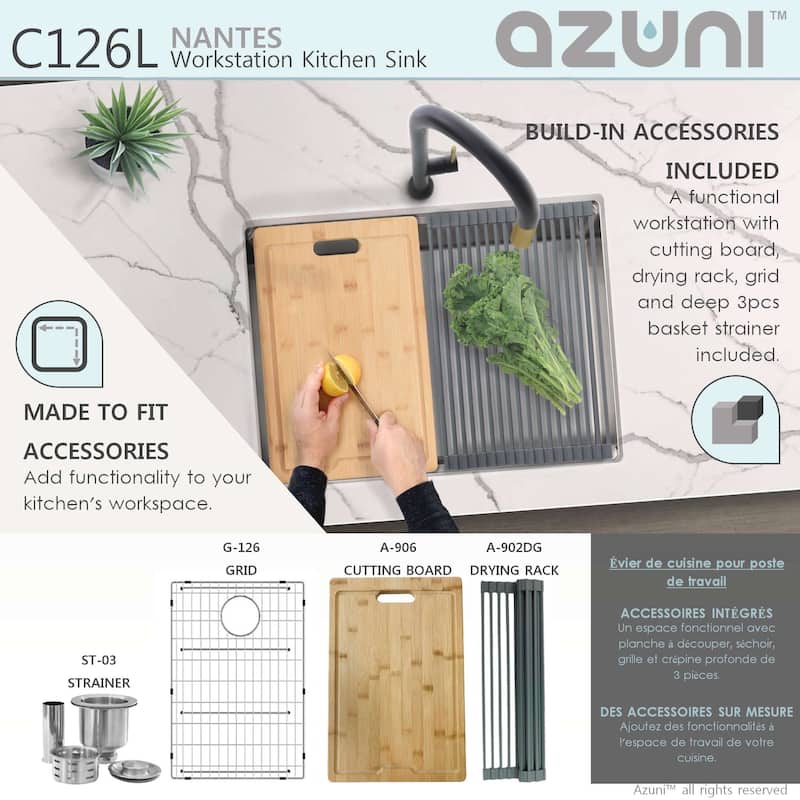 AZUNI 25"L x 19"L Single Bowl Undermount 16G Reversible Workstation Kitchen Sink with accessories C126L - 25" x 19" x 10"
