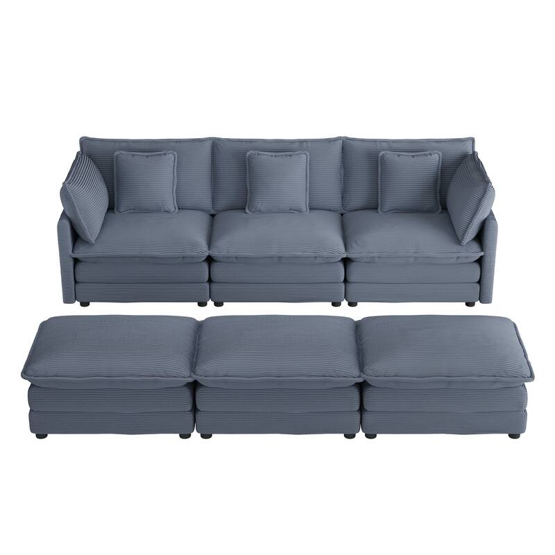 Corduroy Modular Sofa Couch, Upholstered Sleeper Recliner Sofa Couch with Side Storage Pockets and 3 Movable Ottomans