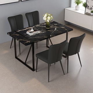 55"x31.4" Marble MDF Dining Table Set with 4 PU Chairs, Metal Legs ...