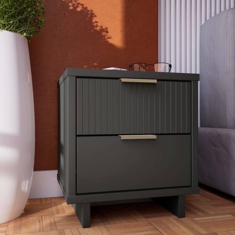 Modern Nightstand with 2 Drawers Ribbed Texture Solid Wood Construction