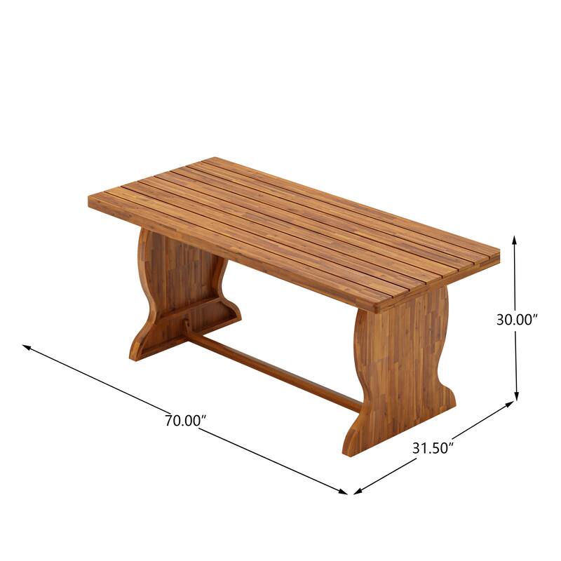 Christopher Knight Home - 3-Piece Outdoor Acacia Wood Dining Set with 2 Woven Ratan Leg Benches & 70" Solid Wood Dining Table