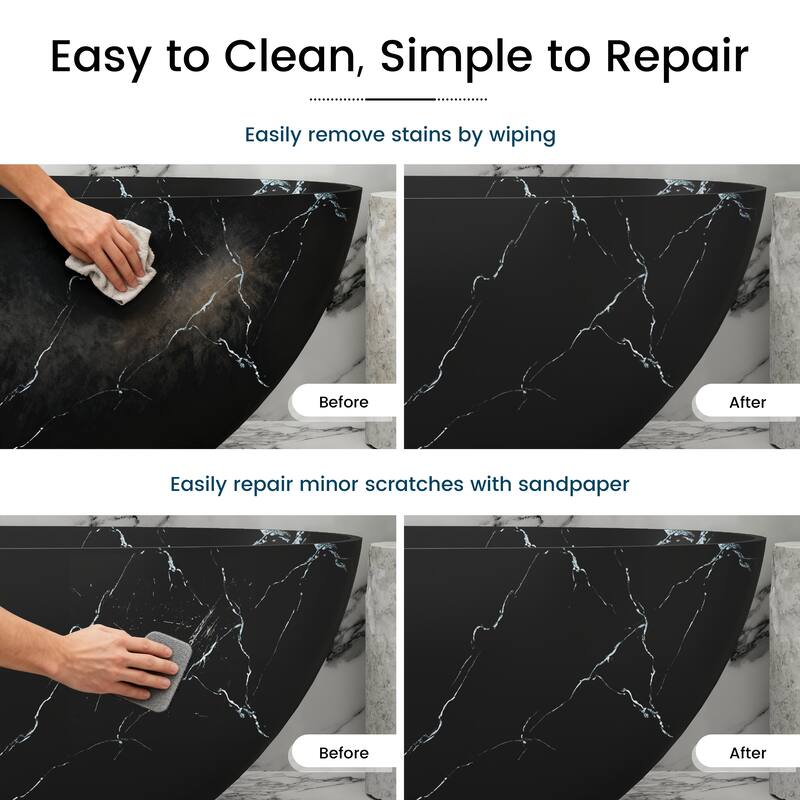 65 in. x 30 in. Solid Surface Freestanding Soaking Bathtub in Matte Black with Royal Misty Marble Pattern, Center Drain