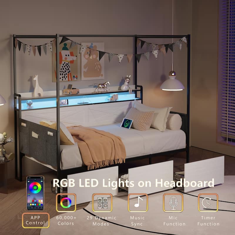 Modern Twin Bed with Storage Drawers, LED Lights and Charging Station, Twin Daybed Frame No Box Spring