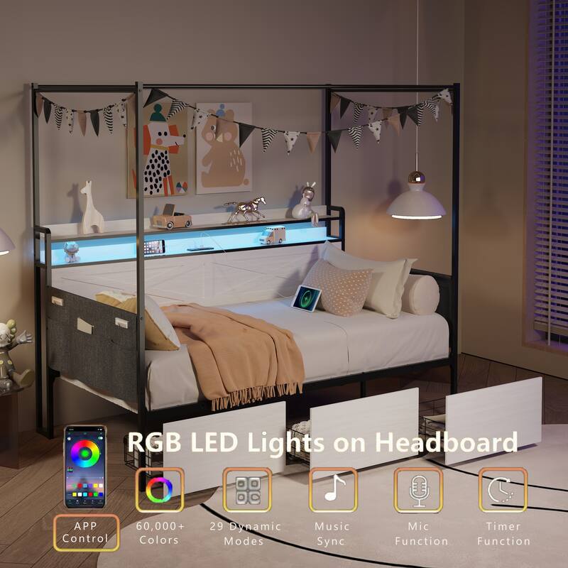 Modern Twin-size Bed with 3 Under-bed Storage Drawers, LED Lights and a Charging Station