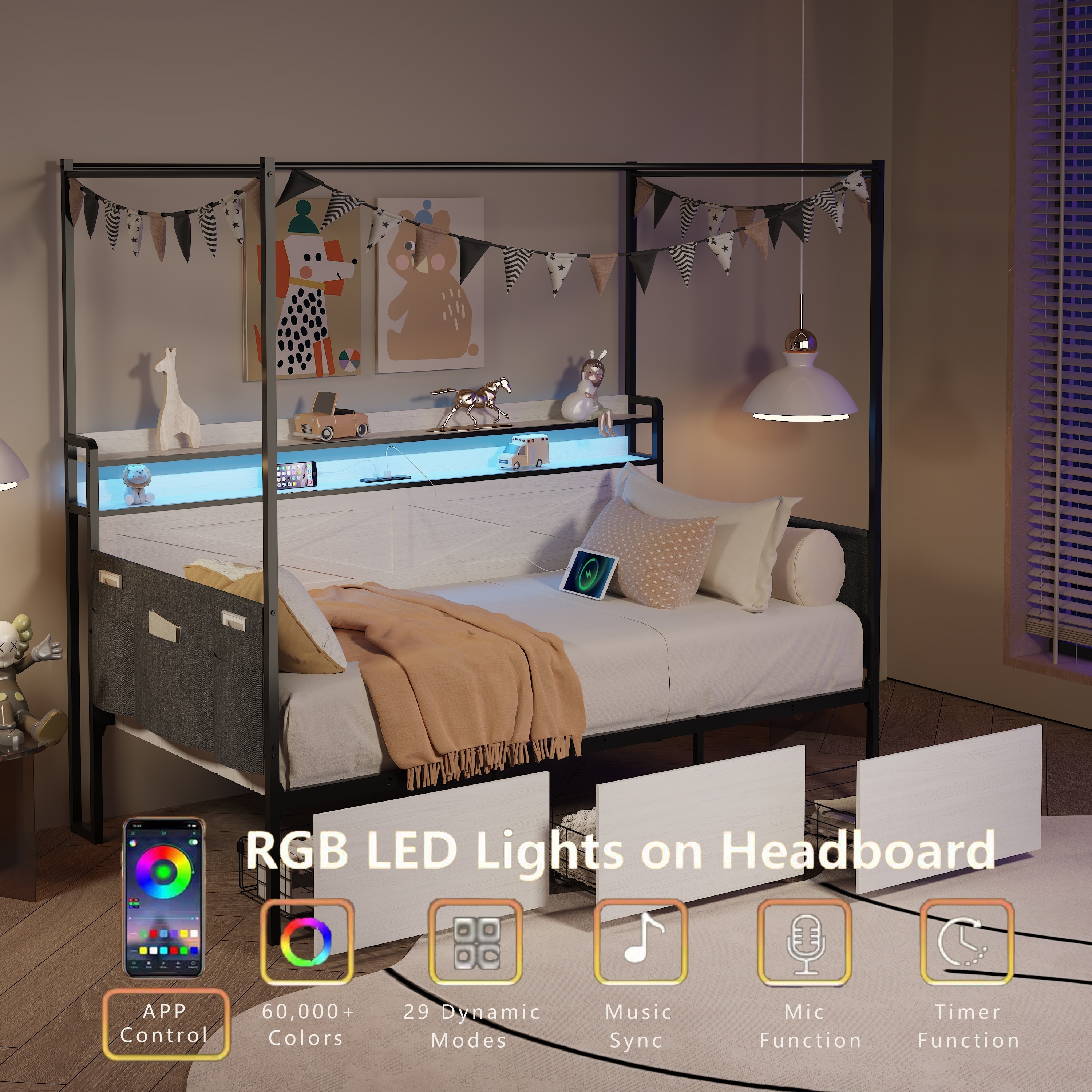 Twin Size Daybed with 3 Underbed Storage Drawers, Metal 4-Poster Canopy Bed Frame with LED Lights and Charging Station