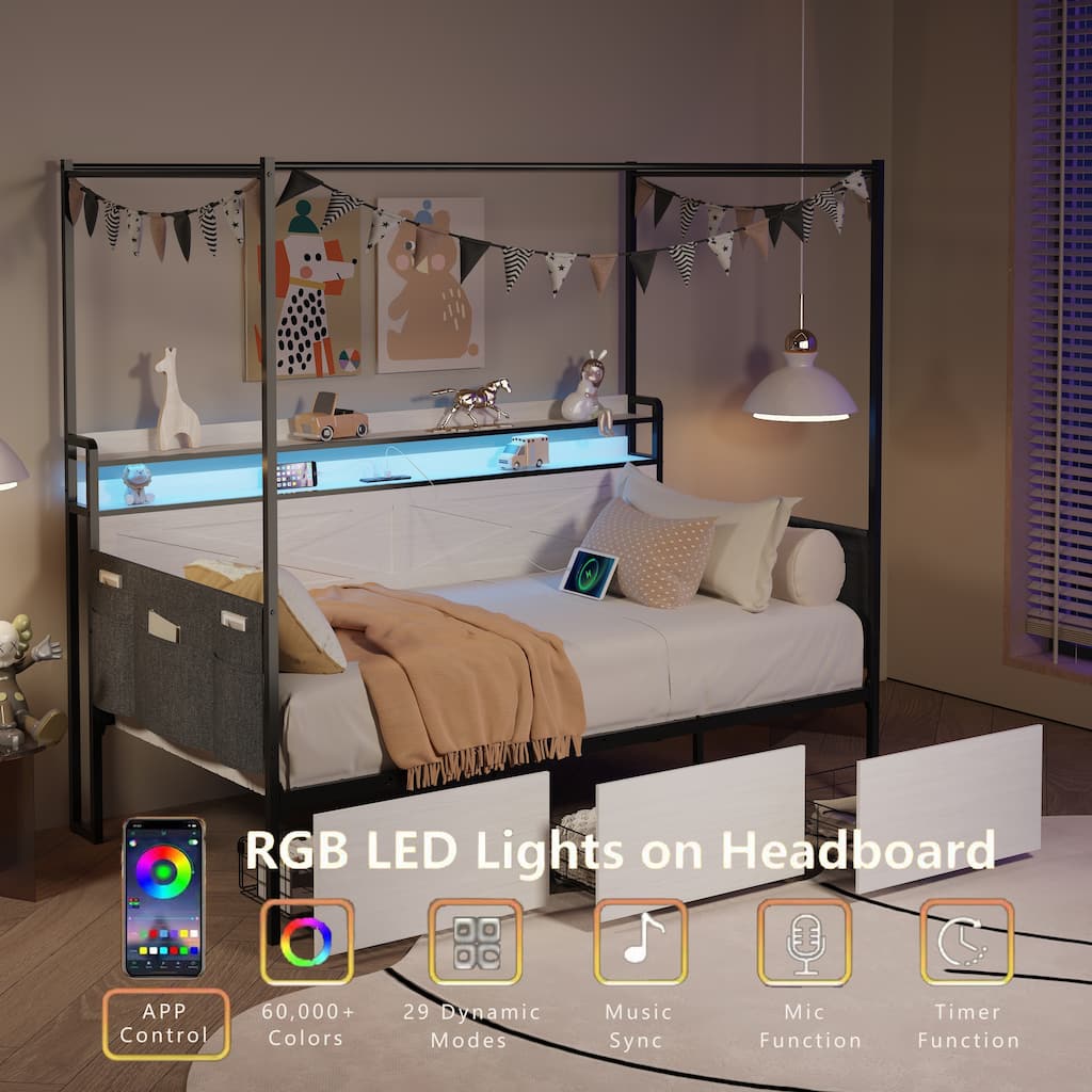 Twin Size Daybed with 3 Underbed Storage Drawers, Metal 4-Poster Canopy Bed Frame with LED Lights and Charging Station