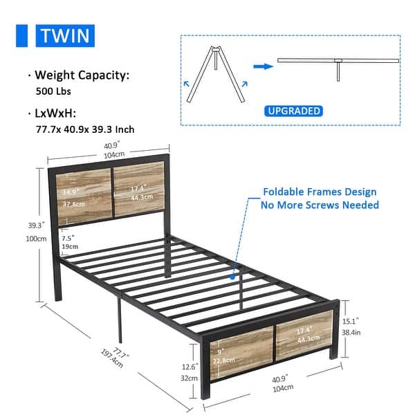 dimension image slide 1 of 3, VECELO Platform Twin Size Kids Bed Frame with Wood Headboard,Twin Size Bed Set of 2, 3 Colors