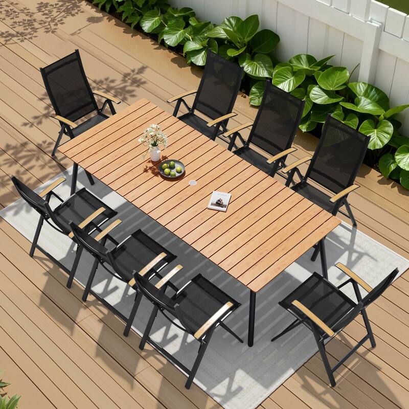 9-Piece Outdoor Patio Dining Set WPC Table Top Alumium Umbrella Hole Table with Folding Armrest Chairs