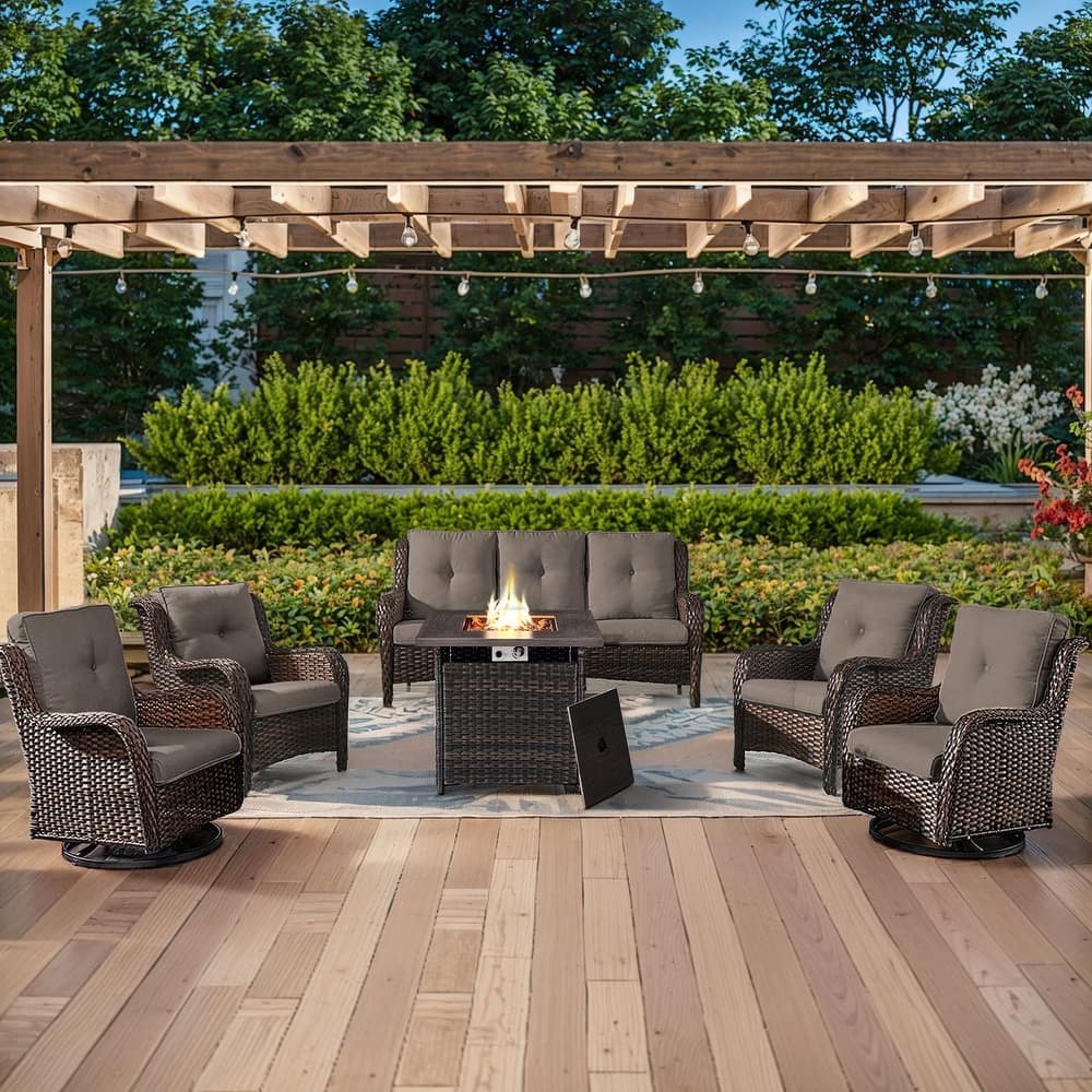 Gymojoy 6-Piece Outdoor Wicker Patio Furniture with Fire Pit Table, Rattan Coversation Set with Water Resistant Thick Cushions