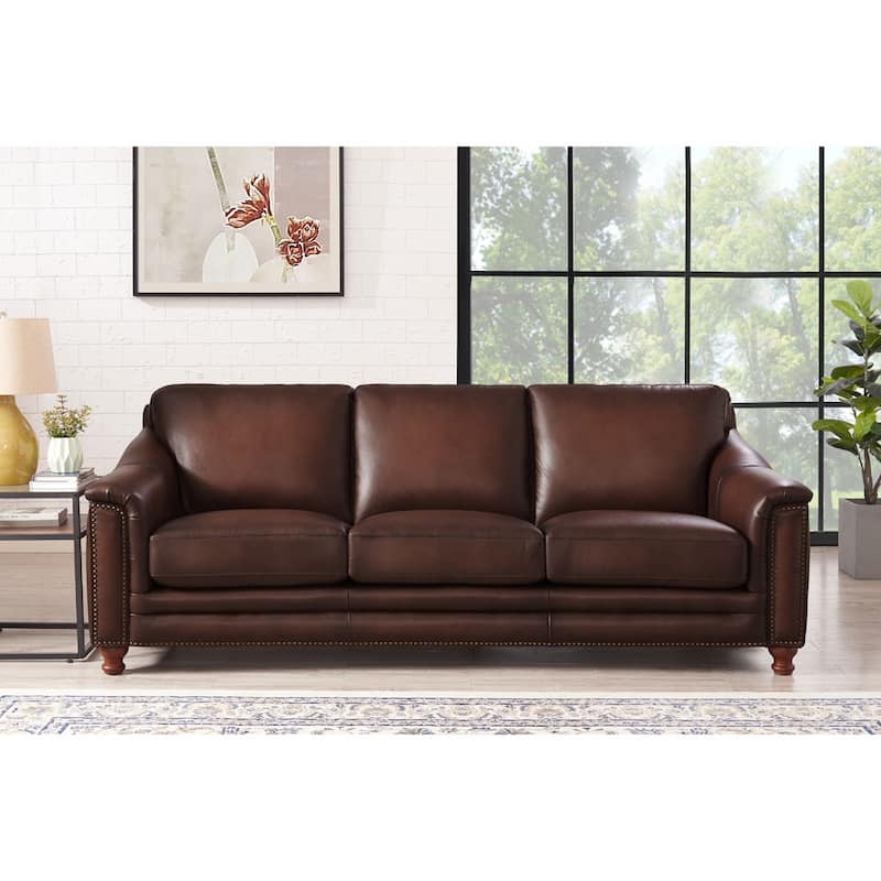 Hydeline Belfast Top Grain Leather Sofa Couch, Feather, Memory Foam and Springs - Caramel Brown