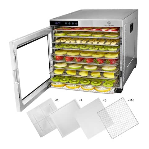 ChefWave 10 Tray Food Dehydrator with Stainless Steel Racks, Temp + Time Control