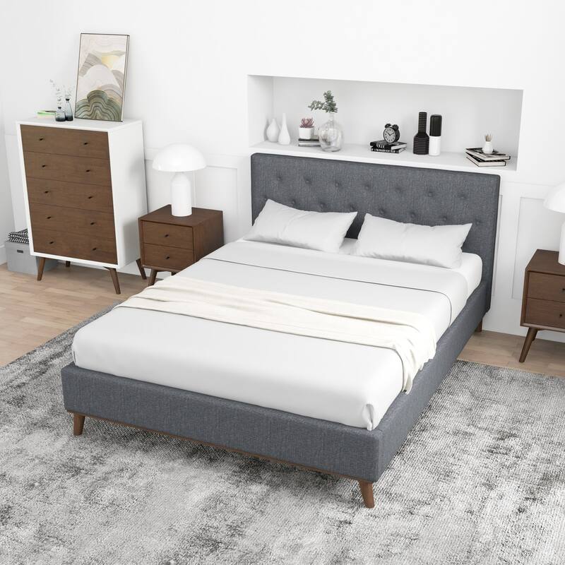Fabric Upholstered King Platform Bed with Tall Headboard