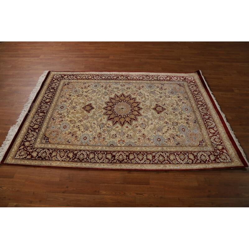 Handmade 100% Silk Qum Persian Accent Rug Traditional Beige Carpet - 4'4"x 6'3"