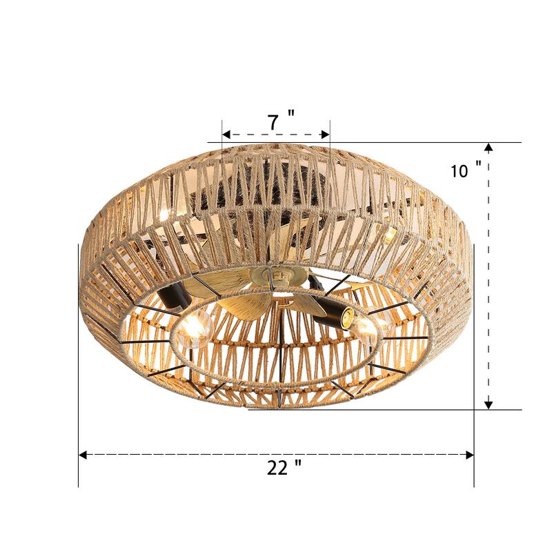 22 Inch Boho Caged Ceiling Fan with Enclosed Rattan Shade, 6-Speed Reversible DC Motor, Remote, E26 Bulb Compatible