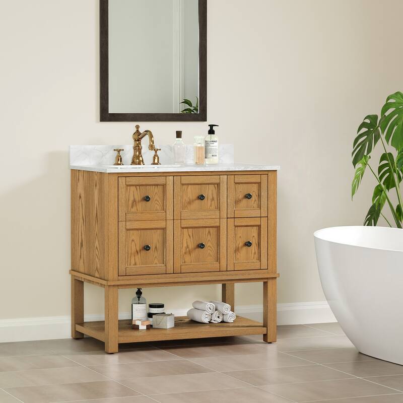 48 Inch Single Bathroom Vanity with 6 Drawers, Marble Top Bathroom Vanity with Sink in White
