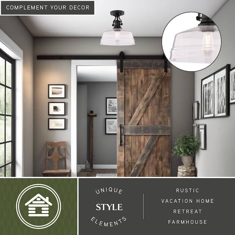 VAXCEL Beloit 1-Light 12 in. Wide Matte Black Farmhouse Dome Semi Flush Mount Lighting Fixture, Clear Seeded Glass Shade