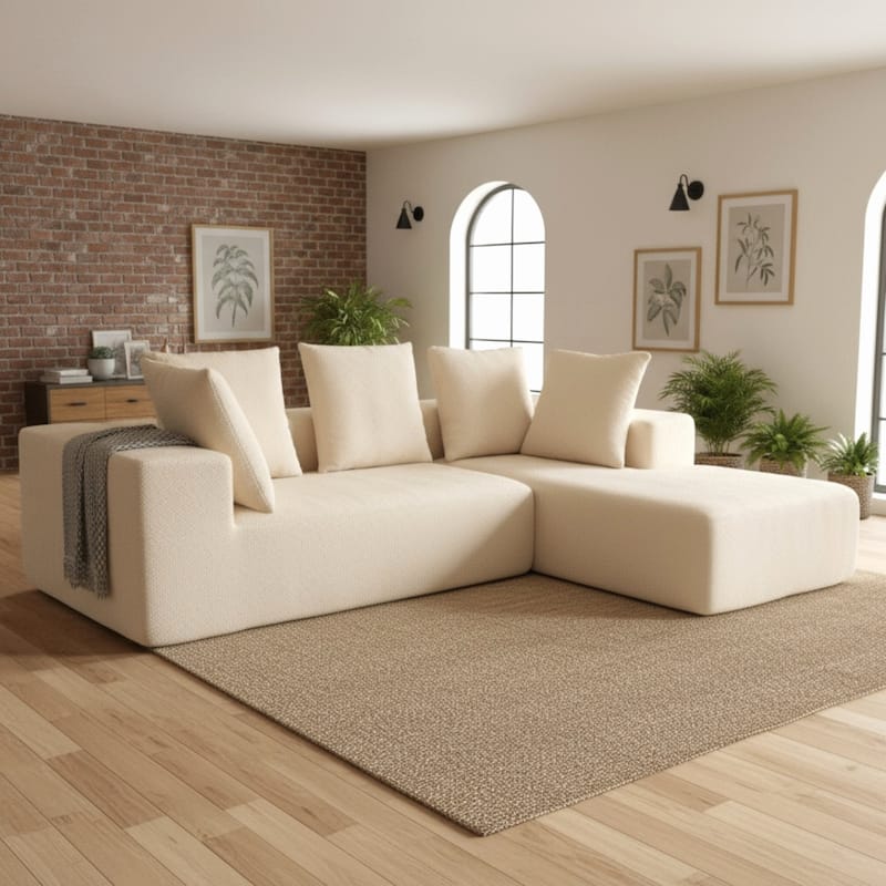 L-Shaped Modular Sectional Sofa, Full Foam Compressed Deep Seat Sofa, Upholstered Corner Sofa with 5 Throw Pillows - Beige
