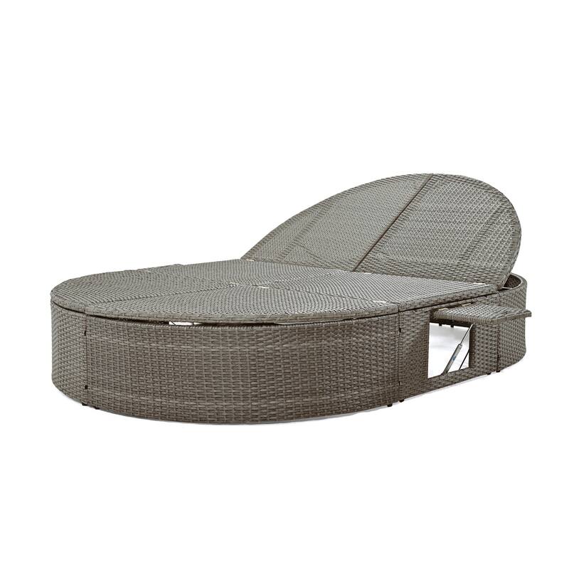 Outdoor Rattan Round Daybed Sunbed with Adjustable Back & Cup Trays
