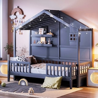 Twin Size House Bed with Shelves and Window, Wood Guardrail Bed with Sparkling Light Strip on the Roof Design