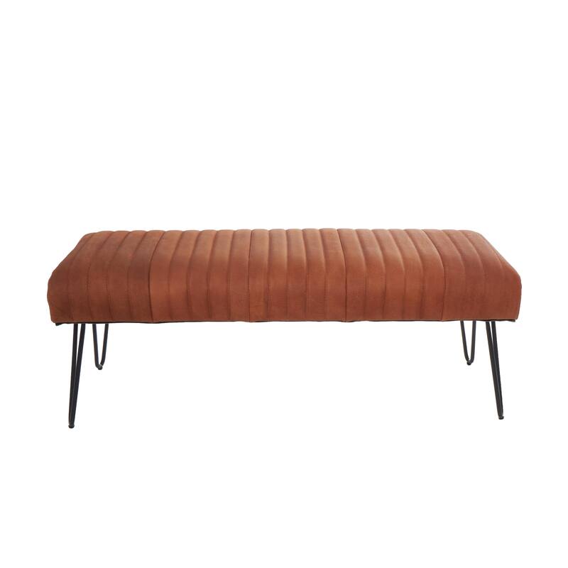 Leather Upholstered Home Bench with Linear Tufted Panels and Black Metal Hairpin Legs - Brown or Dark Brown - Roche River Decor