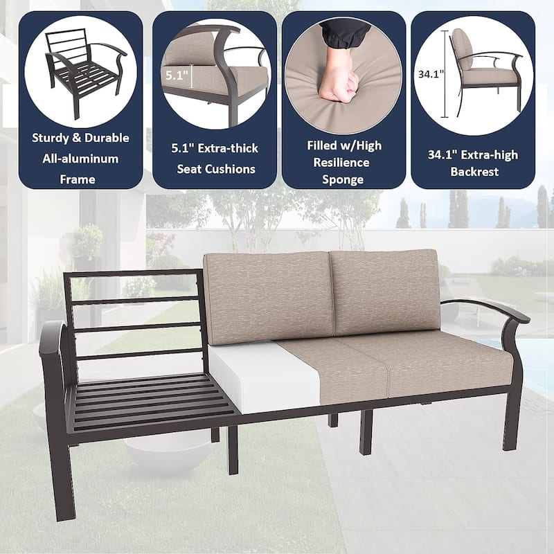 Kullavik Aluminum Outdoor Patio Furniture with Curved Armrests & Firepit Table