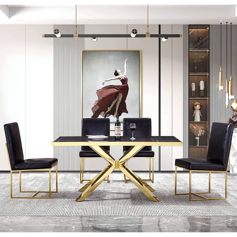 72 inch Rectangle Dining Table with Double Circle Pedestal in Black Gold