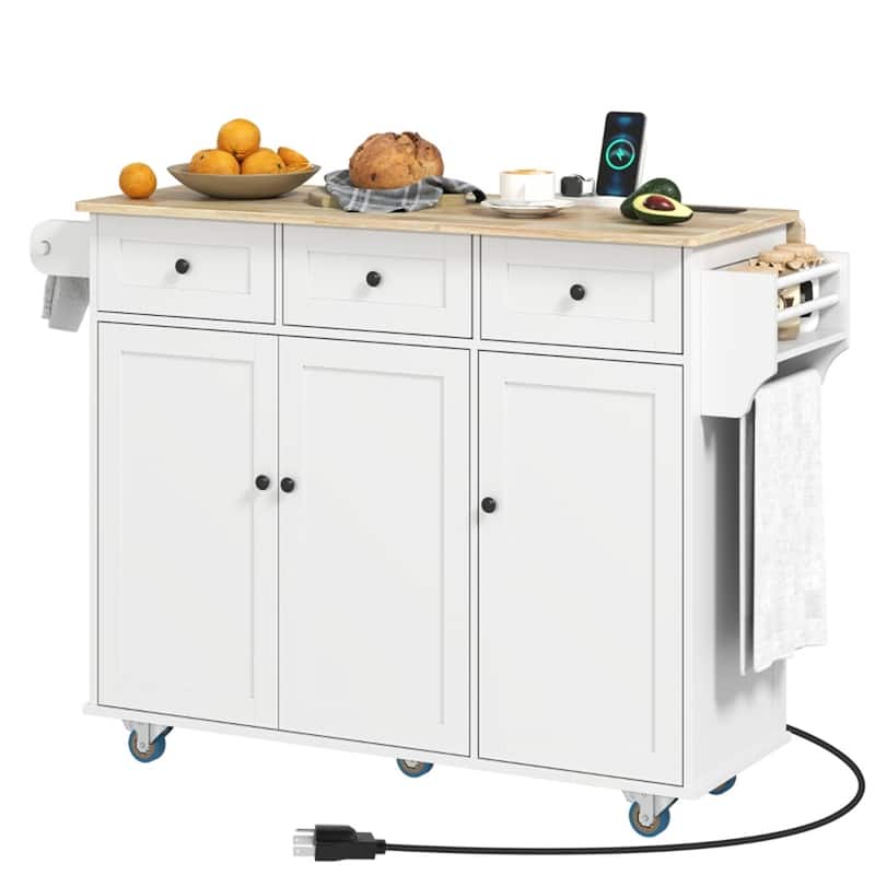 Kitchen Island Cart with Drop Leaf and Built-In Power Outlets Storage Drawers and Rolling Wheels - 53.1" W x 29.5" D x 37.2" H - White-Oak