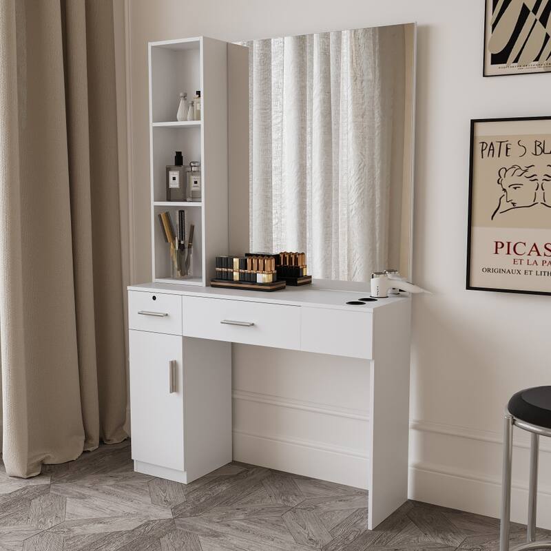 43.31 in. W White Barber Stations Beauty Equipment Set with Mirror