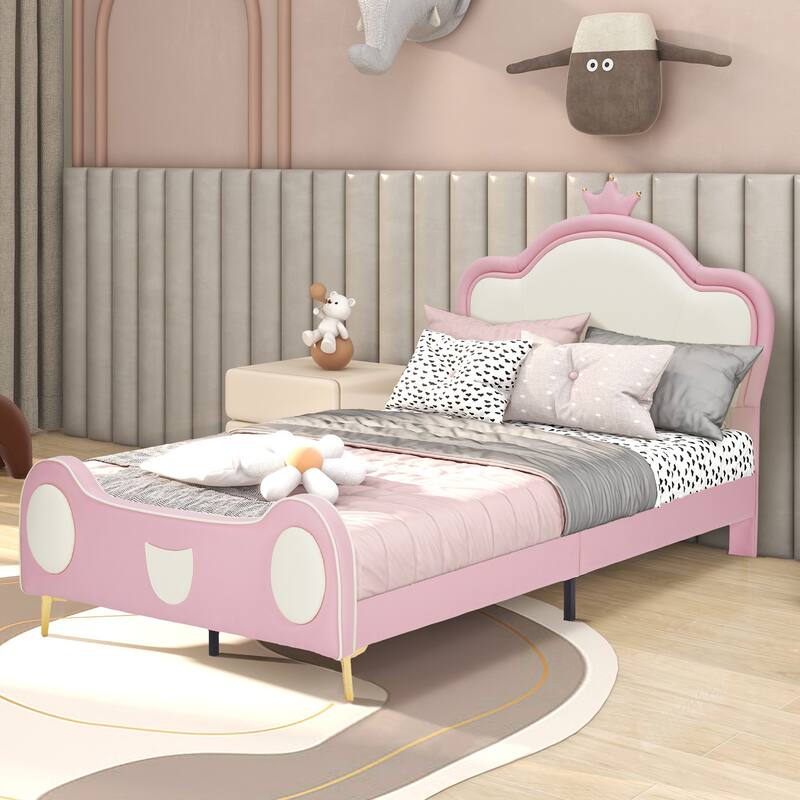 Twin Size Princess Bed with Crown Headboard, PU Upholstered Platform Bed, Bed Frame with Storage Pocket, Pink